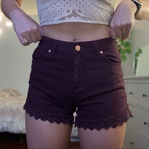 Burgundy Scalloped Lace High Waisted Shorts